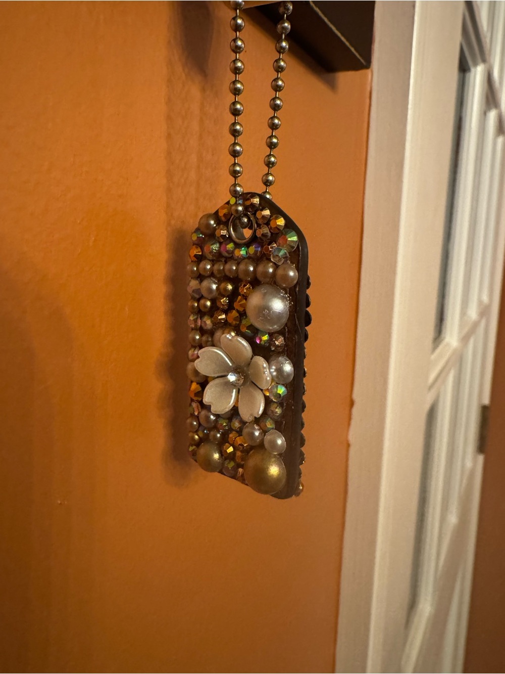 Coach- Embellished - Custom Hang Tag- Iridescent Crystals & Pearl Flower